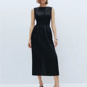 Reformation Davie Smocked Waist Linen Midi Black Dress Sz 2